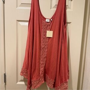 Good Luck Gem Coral Lace Trim Tunic Top Sleeveless Boho Style | Size 1X NWT